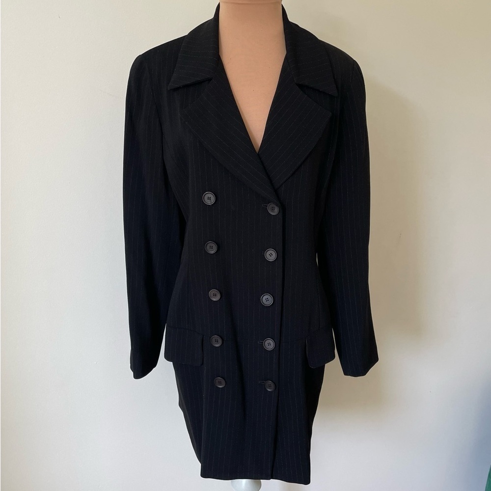 Philippe Adec Paris Vintage Black Wool Pinstripe Double Breasted Suiting Dress 4